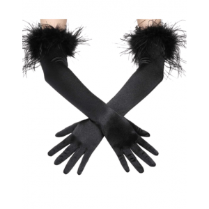 Long Satin Gloves With Feather - Black