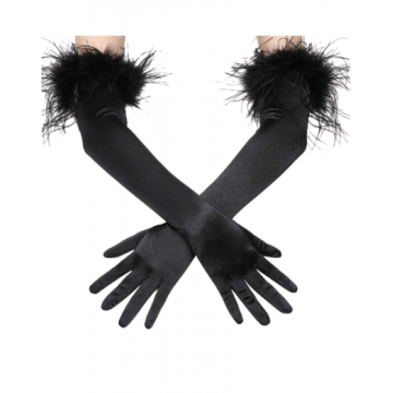 Long Satin Gloves With Feather - Black
