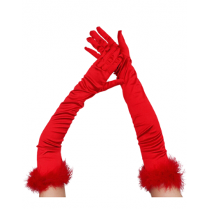 Long Satin Gloves With Feather - Red