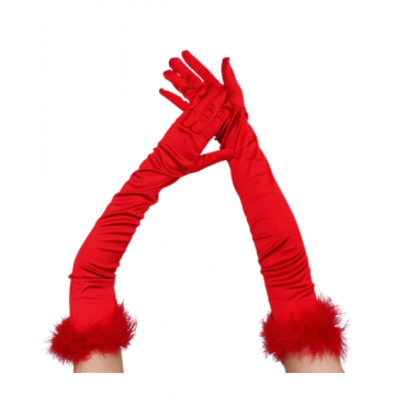 Long Satin Gloves With Feather - Red