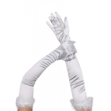 Long Satin Gloves With Feather - White