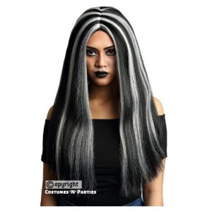 Witch Wig 22"L - Black with Silver Streak