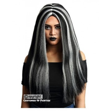 Witch Wig 22"L - Black with Silver Streak