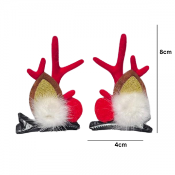 Hair Clip Reindeer Ear with Festive Pom-Poms - Red Antler