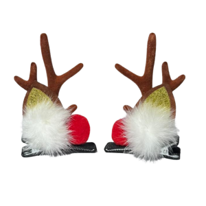 Hair Clip Reindeer Ear with Festive Pom-Poms - Brown Antler