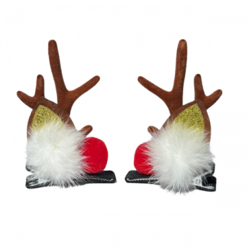 Hair Clip Reindeer Ear with Festive Pom-Poms - Brown Antler