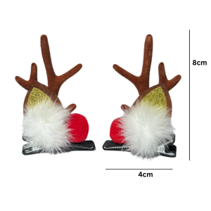 Hair Clip Reindeer Ear with Festive Pom-Poms - Brown Antler