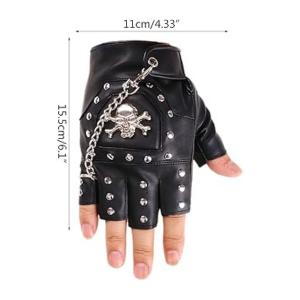 Gloves Fingerless Leather Punk Skull Chain