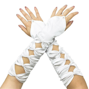 Fingerless Gloves Elegant Satin Rhinestone - White 30cm
