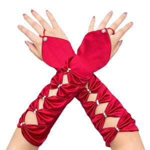 Fingerless Gloves Elegant Satin Rhinestone - Wine Red 30cm