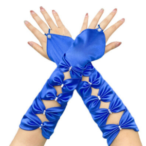 Fingerless Gloves Elegant Satin Rhinestone - Blue 30cm