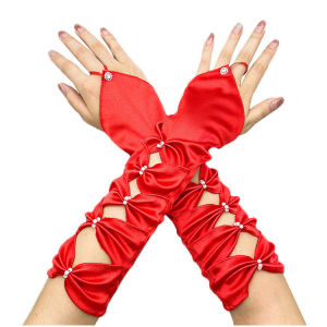 Fingerless Gloves Elegant Satin Rhinestone - Red 30cm