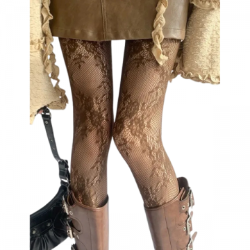 FISHNET TIGHTS VINTAGE LACE PATTERN BROWN