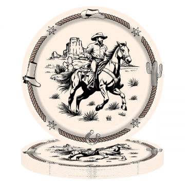 Birthday Party Paper Plates - Vintage Western Cowboy Horseback 9 inch