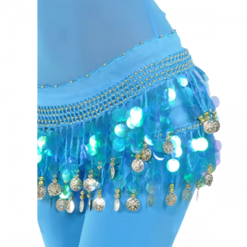 Belly Dance Hip Scarf with Green Sequins and Gold Coins Blue