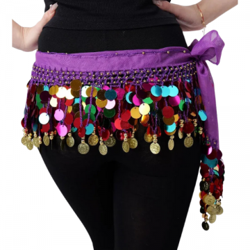 Belly Dance Hip Scarf with Colorful Sequins and Gold Coins Purple
