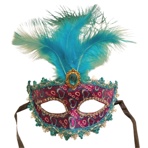 Glittered Masquerade Eyemask with Jewel and Feathers - Blue/Pink