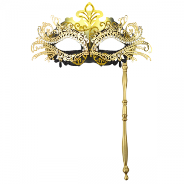 Handheld Rhinestone Metal Masquerade Eyemask - Gold/Black