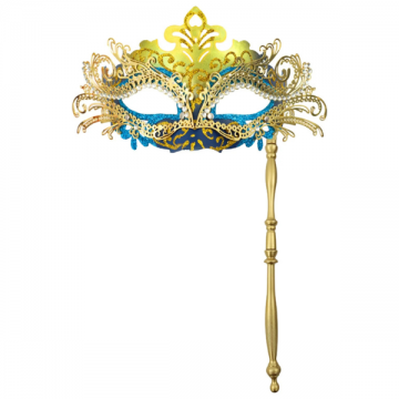 Handheld Rhinestone Metal Masquerade Eyemask - Blue/Gold