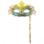 Handheld Rhinestone Metal Masquerade Eyemask - Blue/Gold