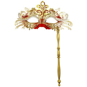 Handheld Rhinestone Metal Masquerade Eyemask - Red/Gold