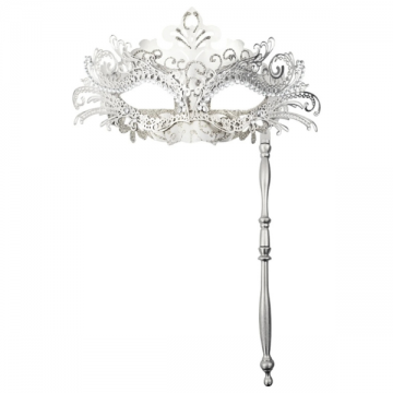Handheld Rhinestone Metal Masquerade Eyemask - Silver
