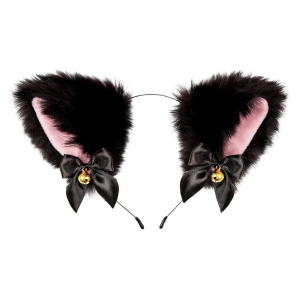 Furry Cat Ear Headband with Black Bow & Bell