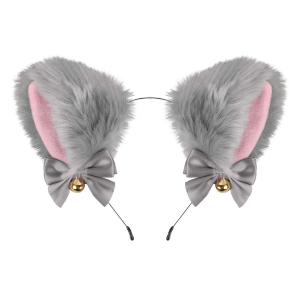 Furry Cat Ear Headband with Gray Bow & Bell