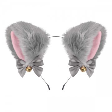 Furry Cat Ear Headband with Gray Bow & Bell