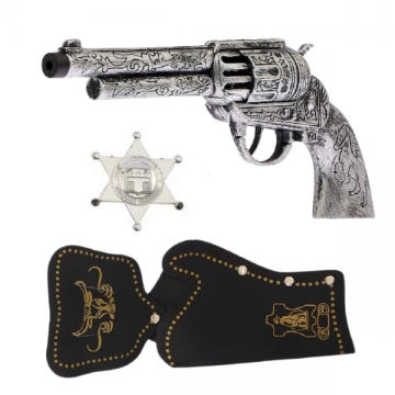 Deluxe Western Cowboy Revolver, Sheriff Badge & Holster - Silver