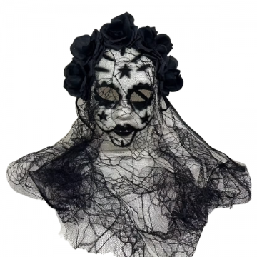 Deluxe Day of the Dead Sugar Skull Mask with Black Roses & Lace Veil