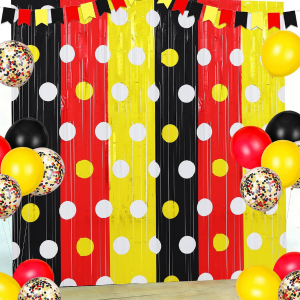 Foil Curtain - Black Red Yellow Polka Dot Tinsel Fringe
