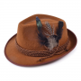 German Oktoberfest Hat with Feather Accent & Rope Trim - Brown