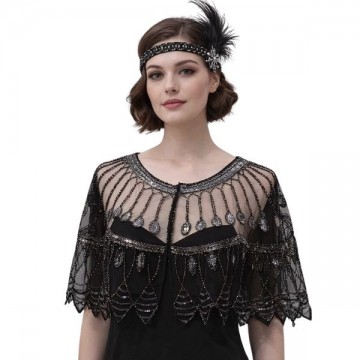 Gatsby Sequin 1920s Shawl Black & Silver