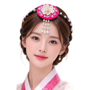 Korean Braided Pearl Floral Headband - Magenta