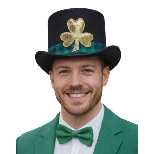 St. Patrick's Day - Deluxe Black Leprechaun Top Hat with Gold Shamrock & Plaid Band