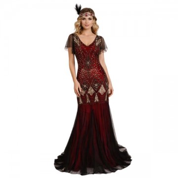 Gatsby Evening Gown - Crimson & Black
