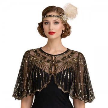 Gatsby Sequin 1920s Shawl Black & Gold