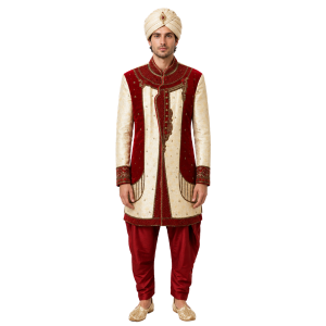Deluxe Maharaja Sherwani Royal Ivory & Crimson
