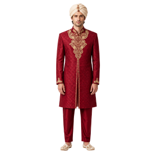 Deluxe Maharaja Sherwani Ruby Red with Gold Embroidery