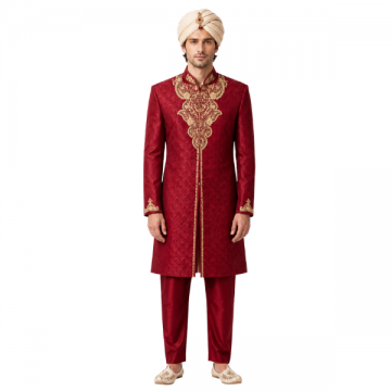 Deluxe Maharaja Sherwani Ruby Red with Gold Embroidery