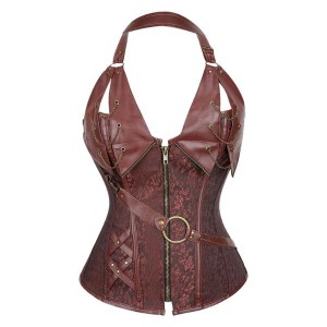 Corset Steampunk Gothic Chain Halter Bustier Brown