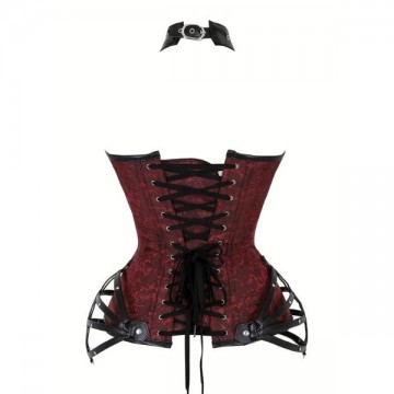 Corset with Choker Gothic Strappy Harness Red