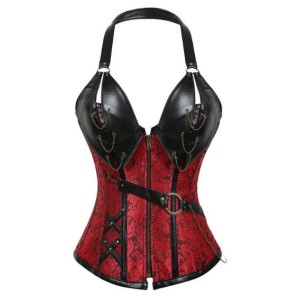 Corset Steampunk Gothic Chain Halter Bustier Red & Black