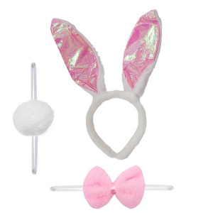 Bunny Ears Set with Tail & Bow Tie - White & Hologram Pink