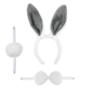 Bunny Ears Set with Tail & Bow Tie - White & Grey