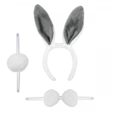 Bunny Ears Set with Tail & Bow Tie - White & Grey