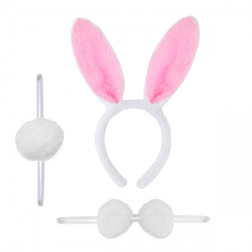Bunny Ears Set with Tail & Bow Tie - White & Pink