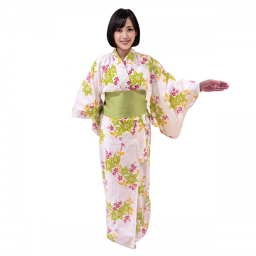 Kimono Spring Blossom – White with Green & Pink Floral