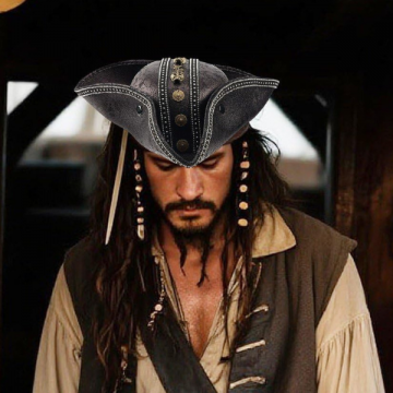 Leather Pirate Tricorn Hat with Skull Emblem - Black